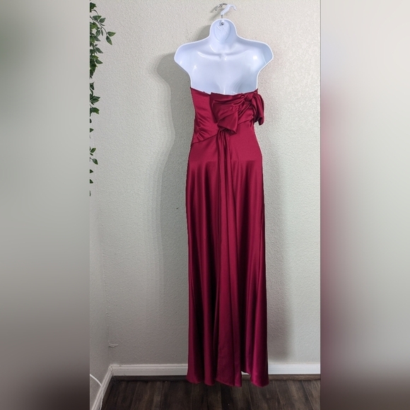 A B S By Allen Schwartz Malbec Satin Gown Strapless Maxi Dress Side Ruched Bow 0 - Picture 2 of 12